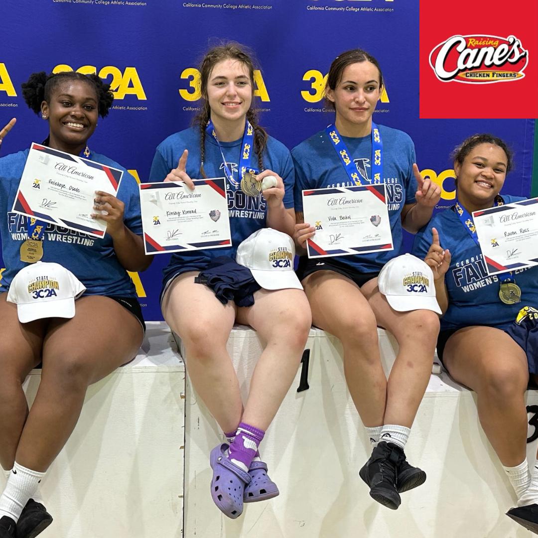 (L-R) Eniekeye Osede, Kinsey Konrad, Vida Beckel and Raven Ross all won state championships in their respective weight classes to lead the Falcons to their third straight 3C2A State Championship
