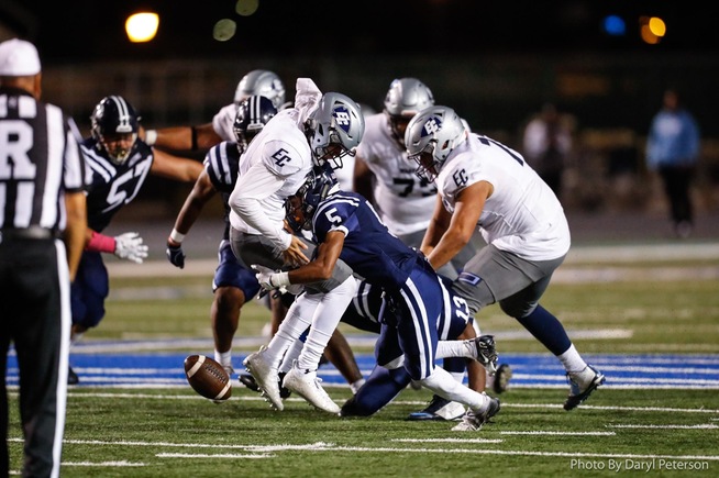 Bijon Harris (5) forced two fumbles and picked off two passes for the Falcon defense in their win