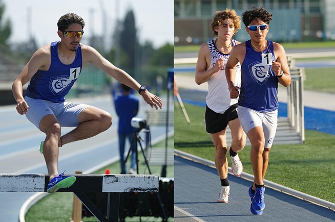 Juan Flores (left) won the 3000-meter steeplechase at the Cerritos Invitational