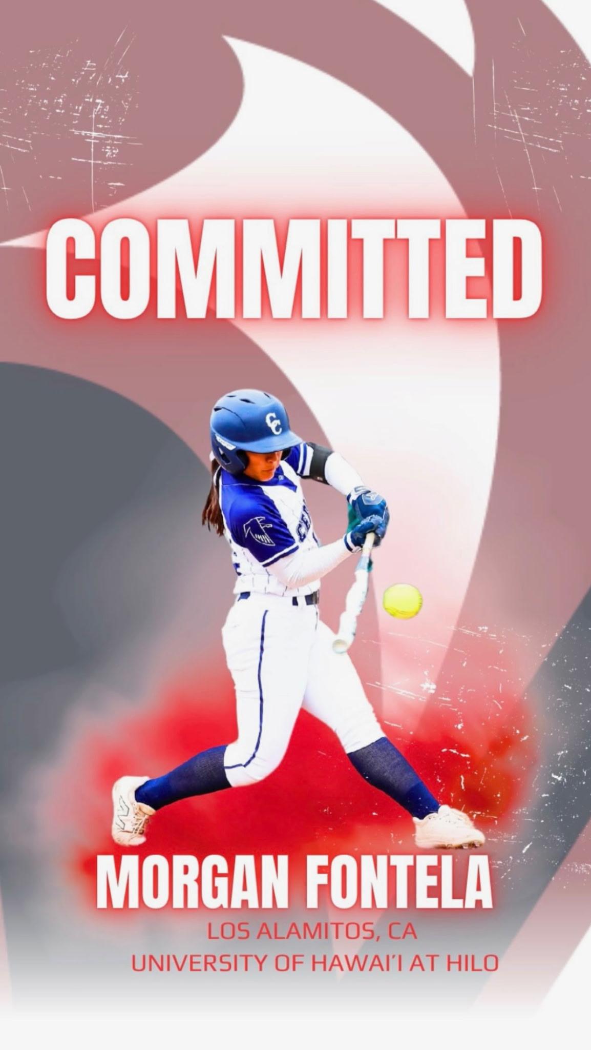 Cerritos College softball player Morgan Fontela has committed to the University of Hawai'i Hilo