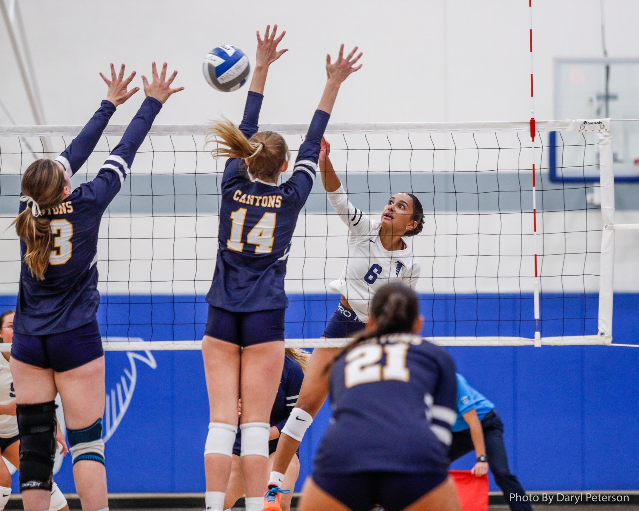 Jordin Lewis follows through on one of her 18 kills in the Falcons win over Canyons